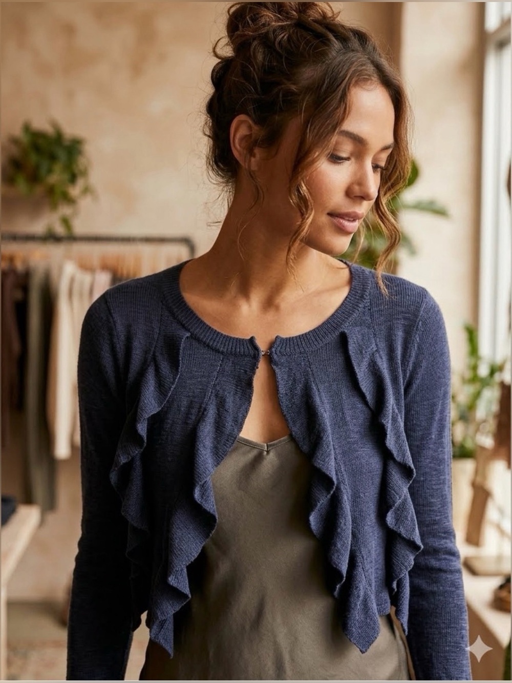 Free People Navy Ruffle Cropped Cardigan Shrug Y2K Inspired Boho S